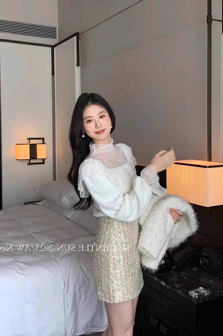 【tops】レース切り替えフリルブラウスG24233