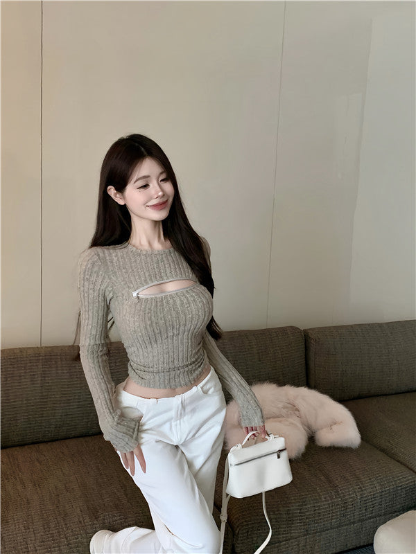 【tops】ファスナーラウンドネック長袖ニットG24237