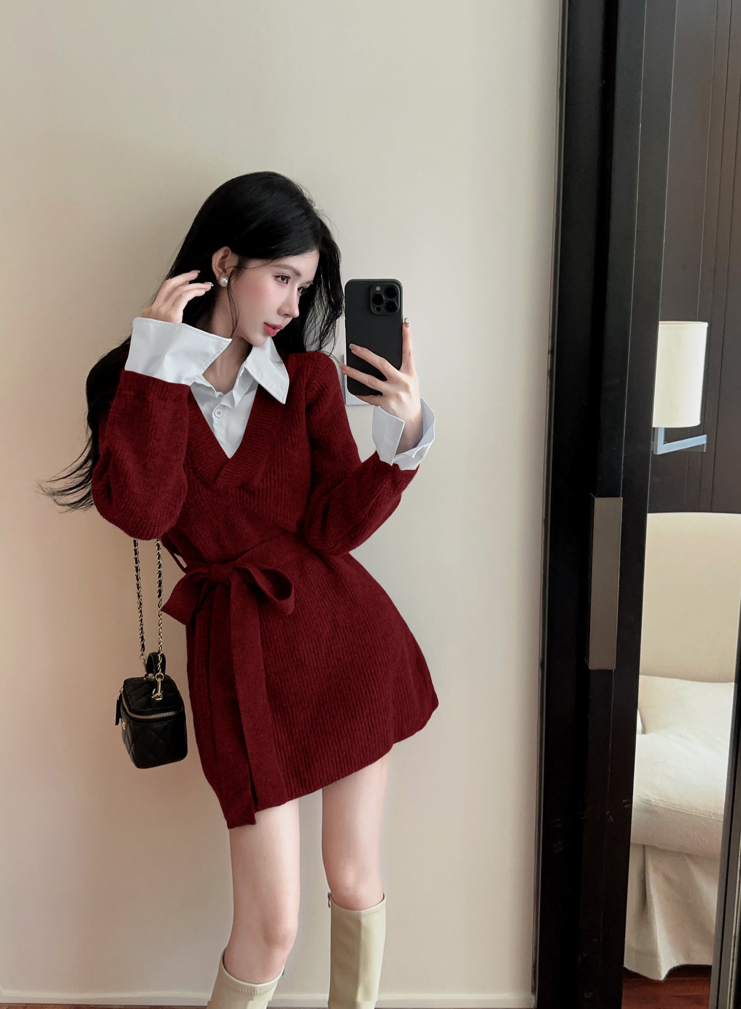 【dress】偽二つ切り替えニットシャツワンピースG24246