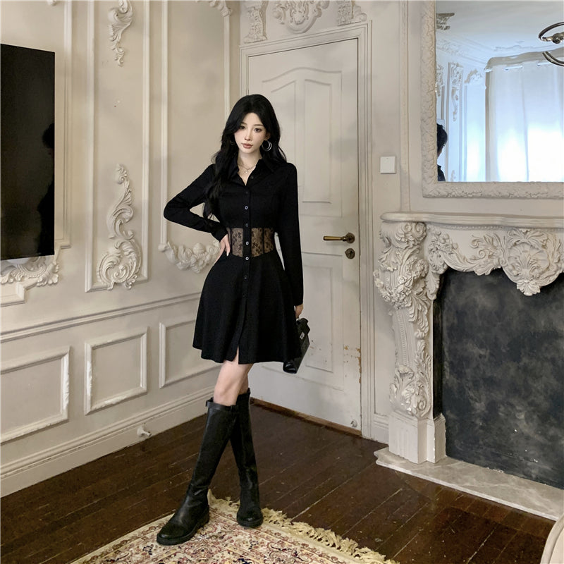 【dress】レース切り替え透かし彫り長袖ワンピースG24253