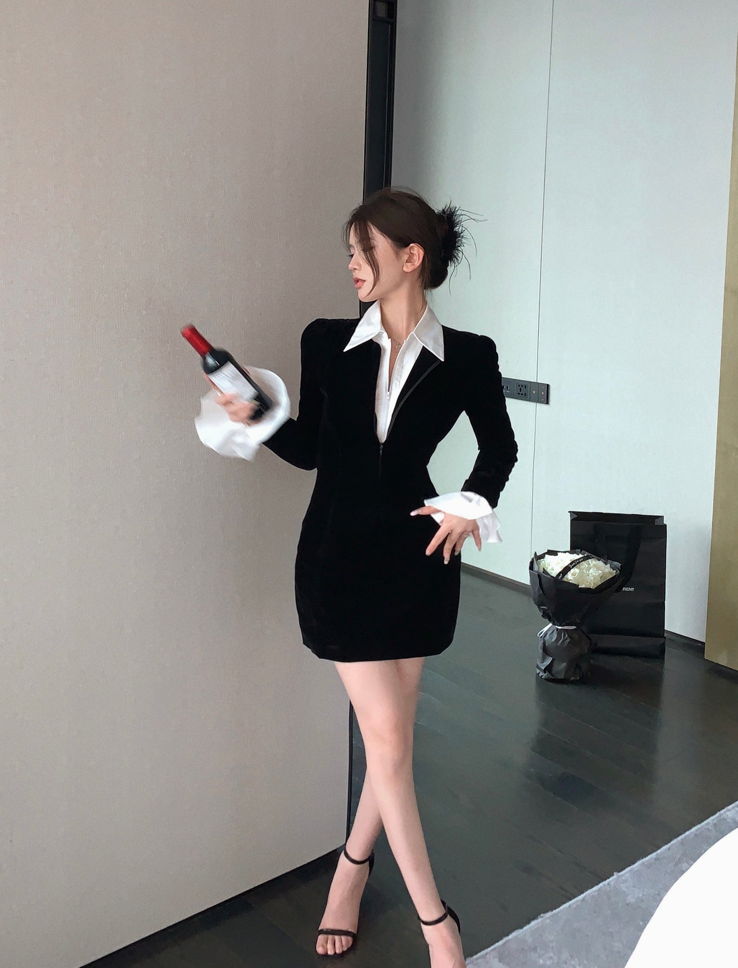 【dress】偽二つ切り替えPOLOネック長袖ワンピースG24257