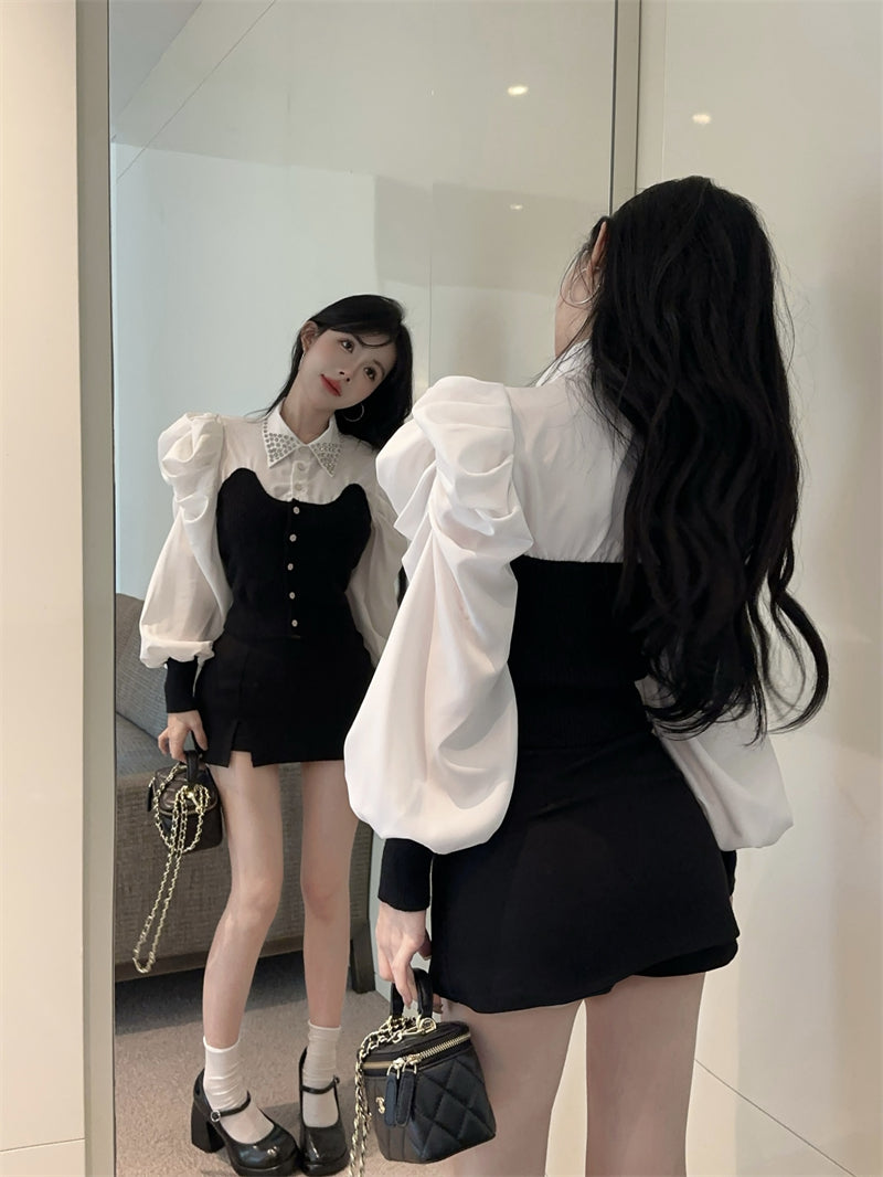 【tops】POLOネック切り替えニットブラウスG24260