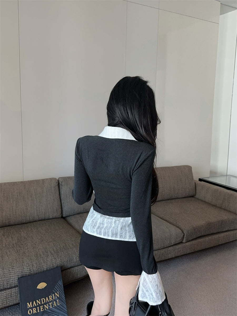 【tops】レース偽二つ切り替えニットG24262