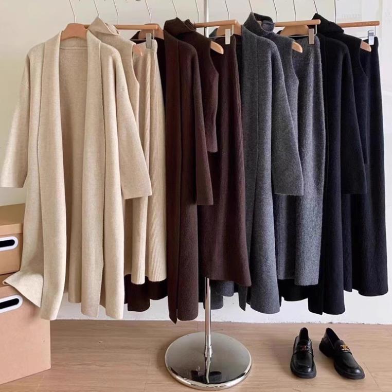 【set】ロング丈長袖カーディガン+タンクトップ+スカートニット3点セットF8364