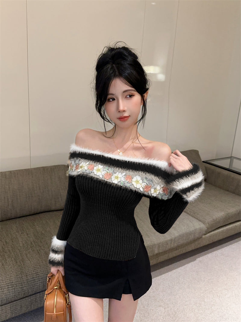 【tops】秋冬オフショルダーニットセーターG24280