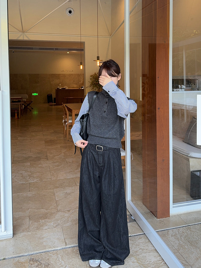 【tops】偽二つ切り替え長袖ニットトップスG24284