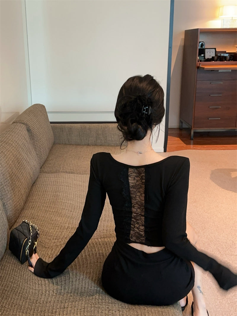 【tops】Uネックレース長袖TシャツG24295