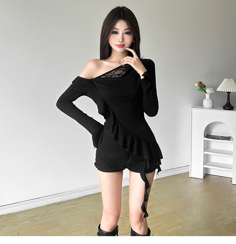 【tops】レース切り替え長袖TシャツG24301