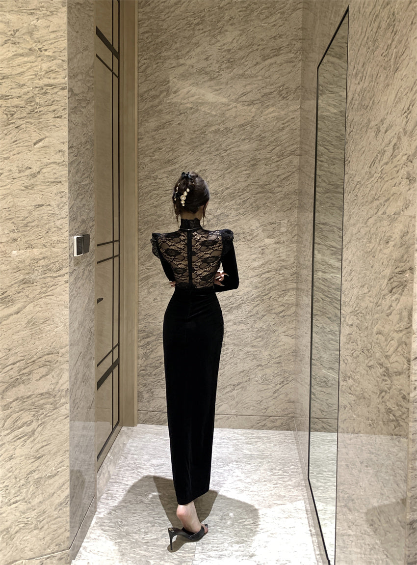 【dress】秋冬レース切り替え長袖ワンピースG24303