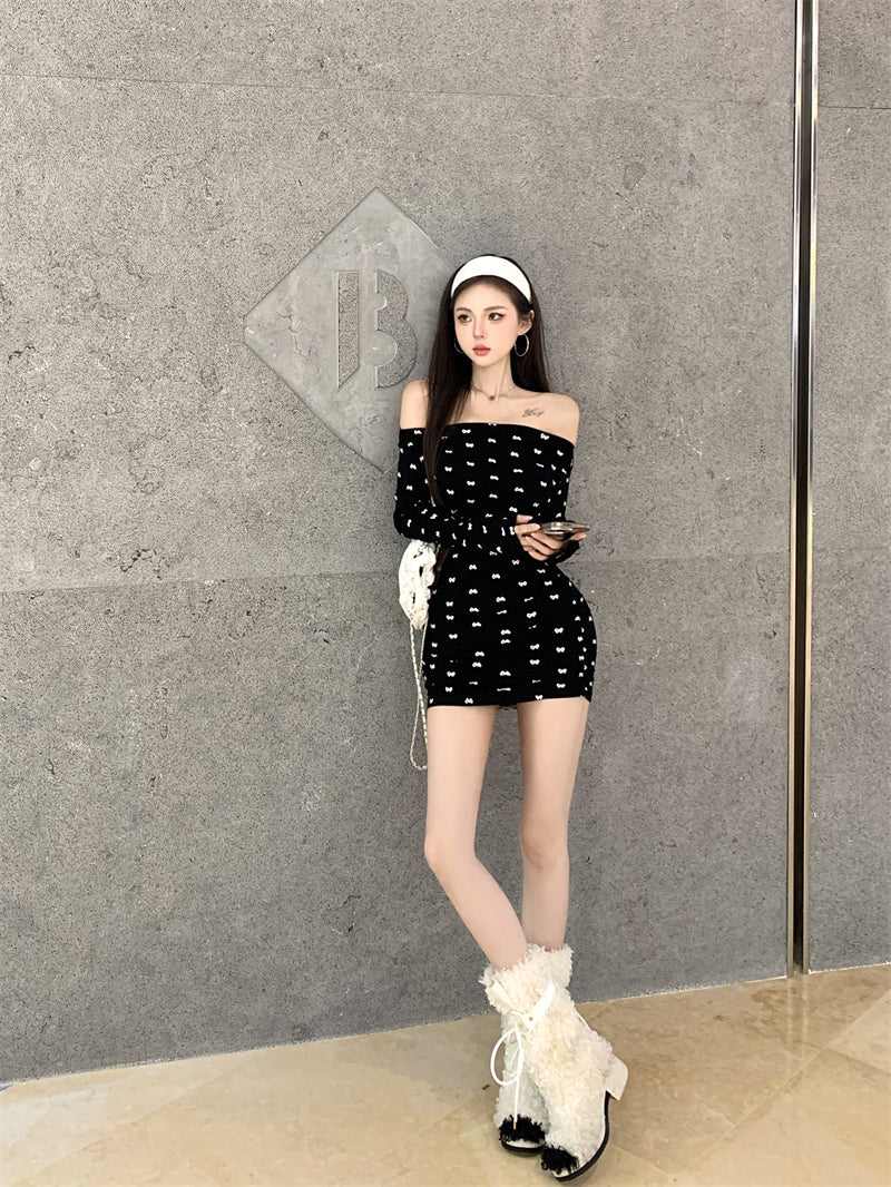 【dress】オフショルダーリボンタイトワンピースG24305