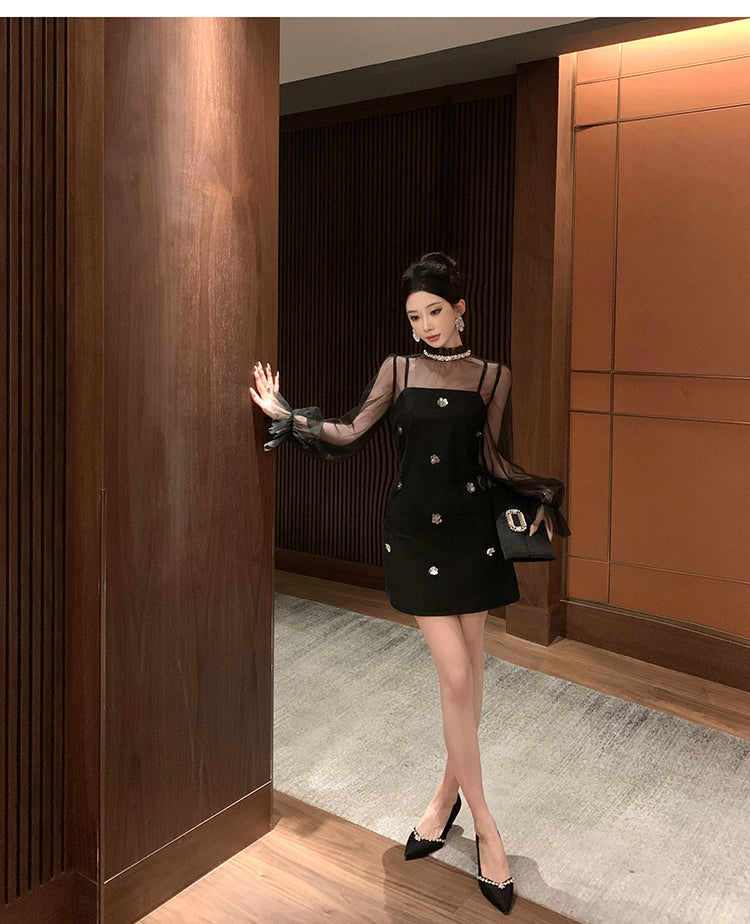 【set】メッシュトップス+キャミワンピース秋冬2点セットG24306