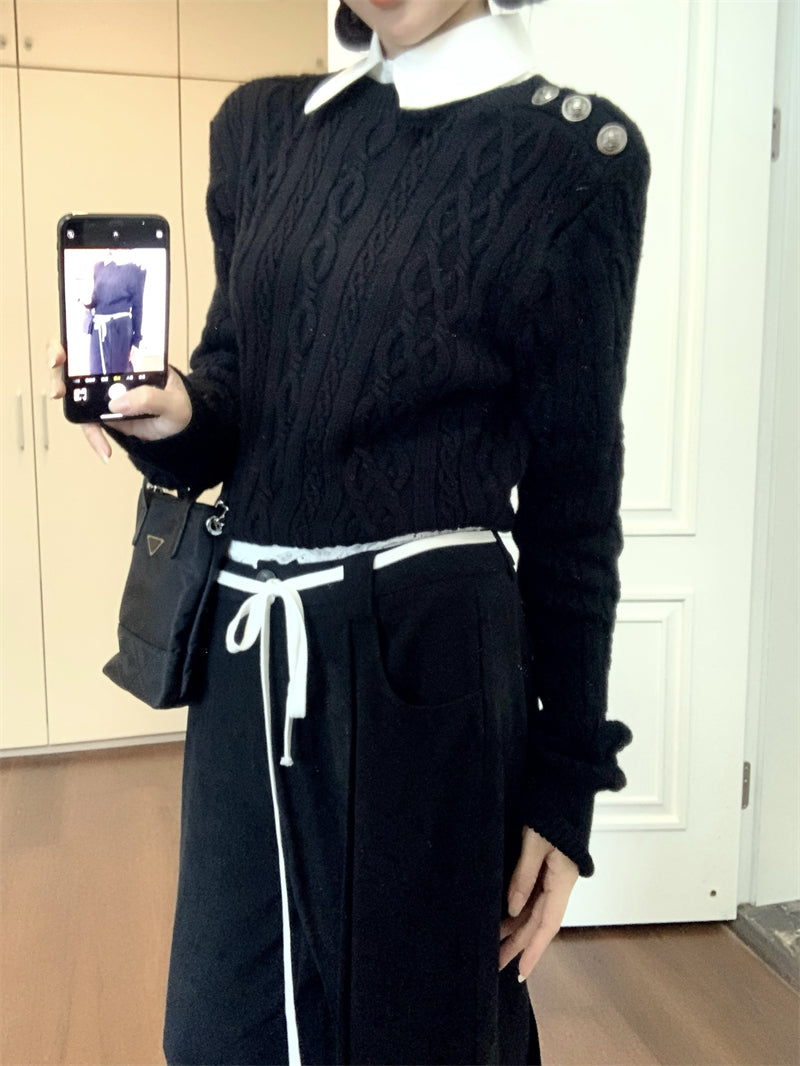 【tops】偽二つ切り替え長袖ニットセーターG24344