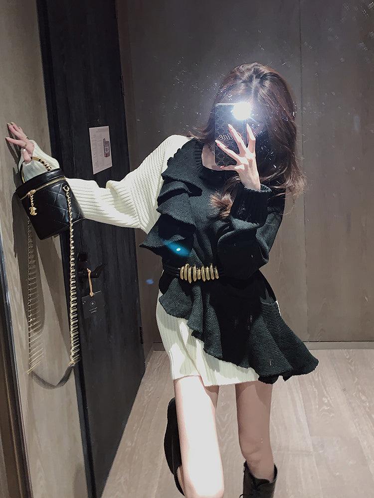 【dress】秋冬切り替えベルト付きニットワンピースG24355