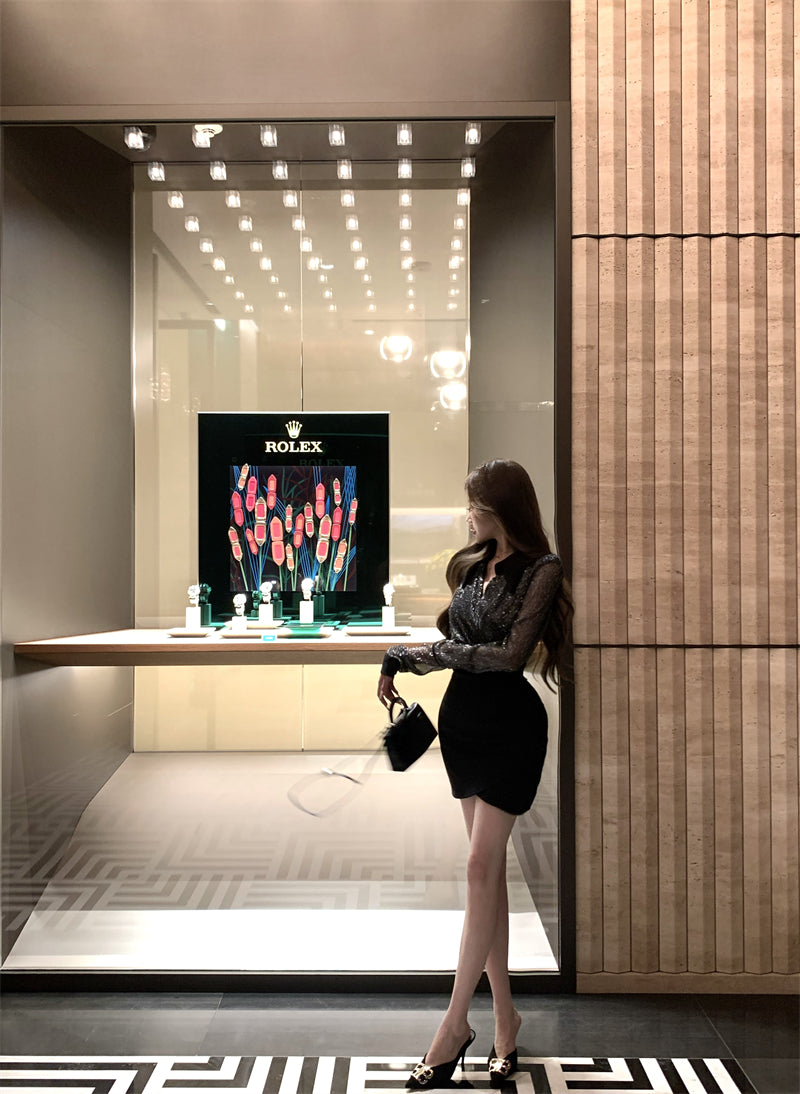 【dress】Vネック偽二つ切り替え長袖ワンピースG24373