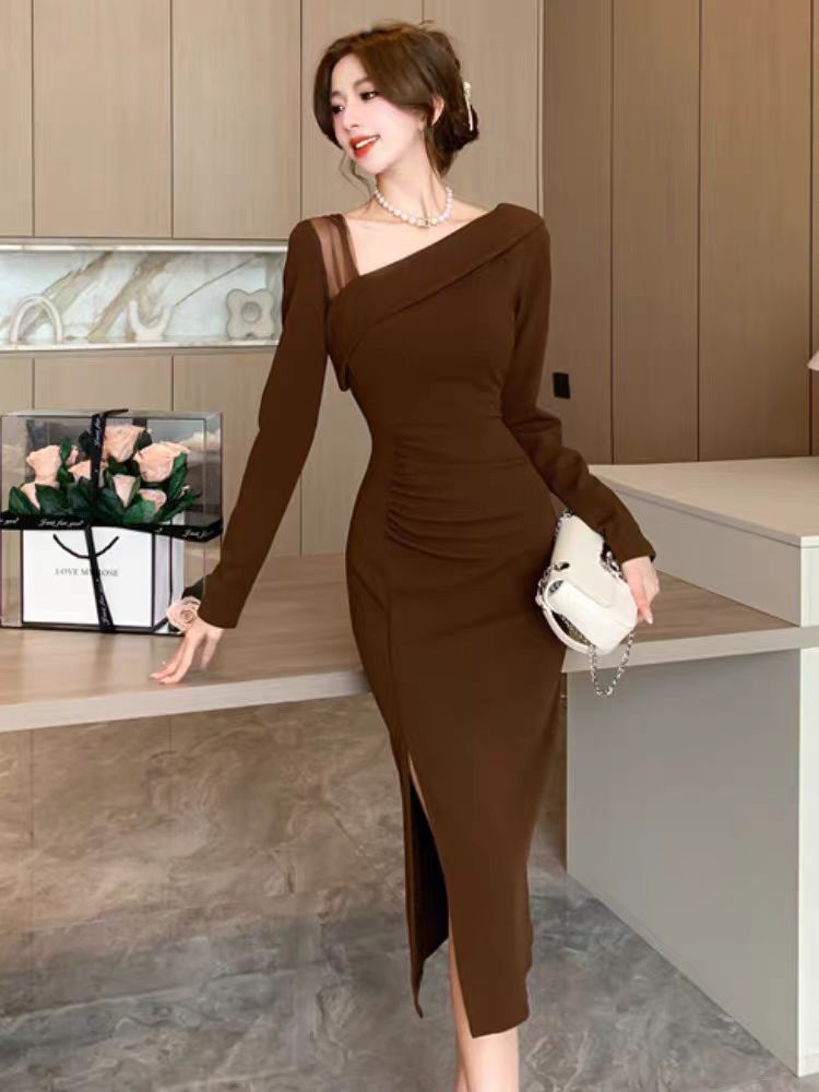 【dress】フランス風メッシュVネック長袖ワンピースG24375