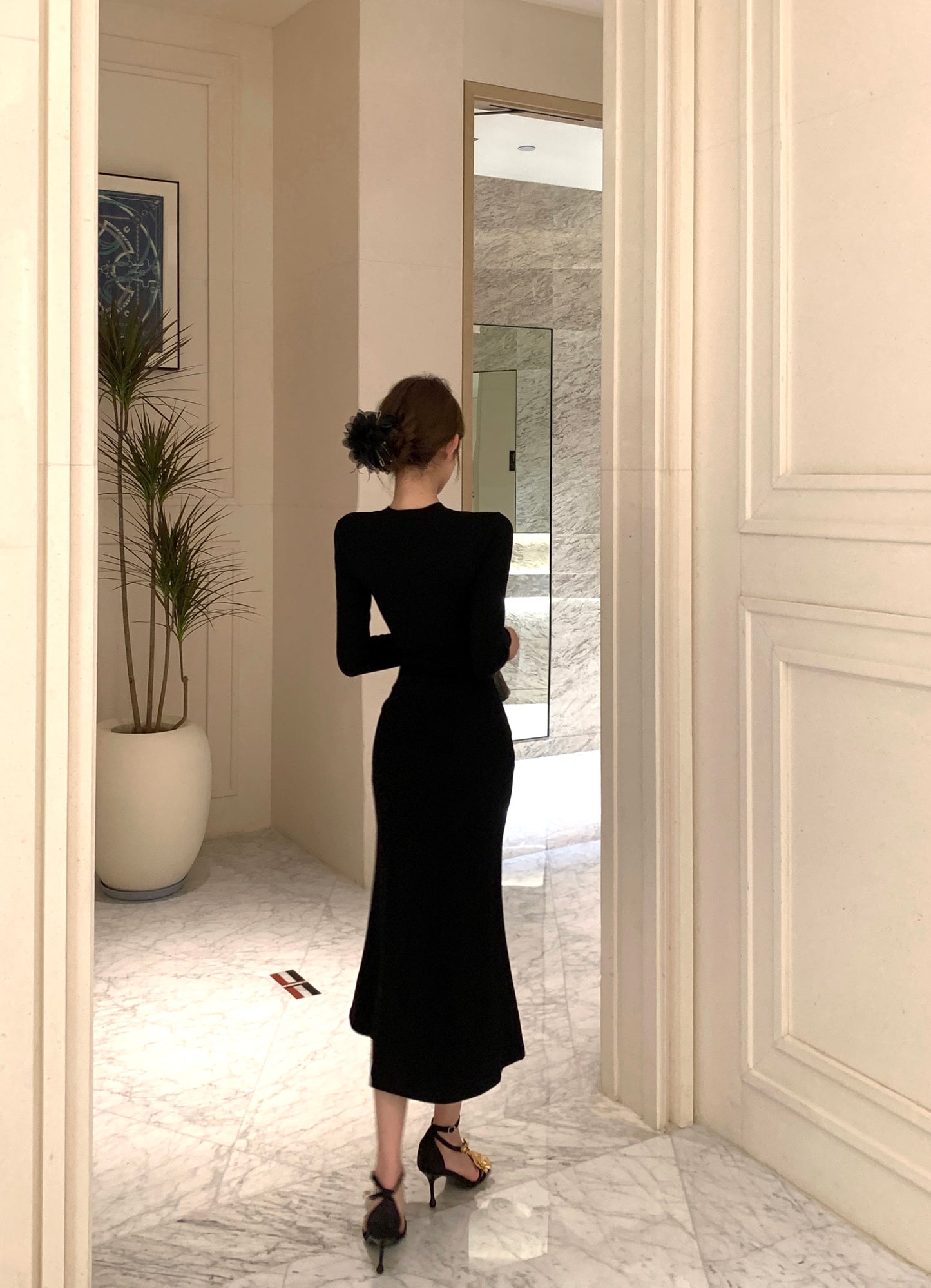 【dress】フェミニンレース切り替え長袖タイトワンピースG24393