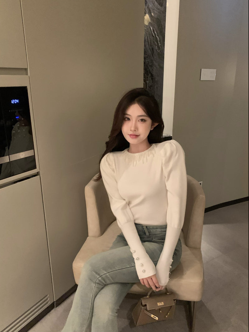 【tops】パールパフスリーブニットトップスG24394