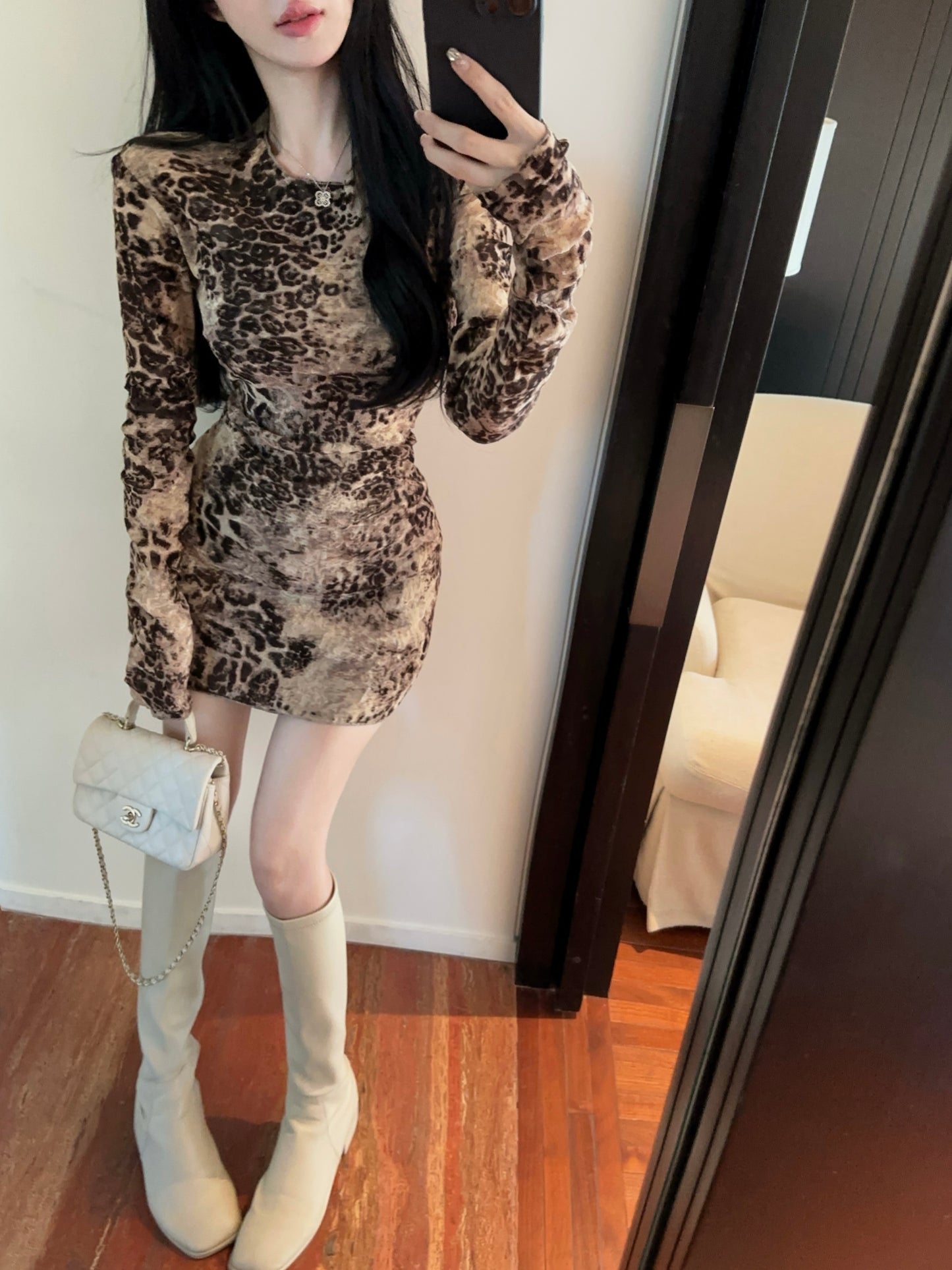 【dress】ヒョウ柄プリント長袖タイトワンピースG24421