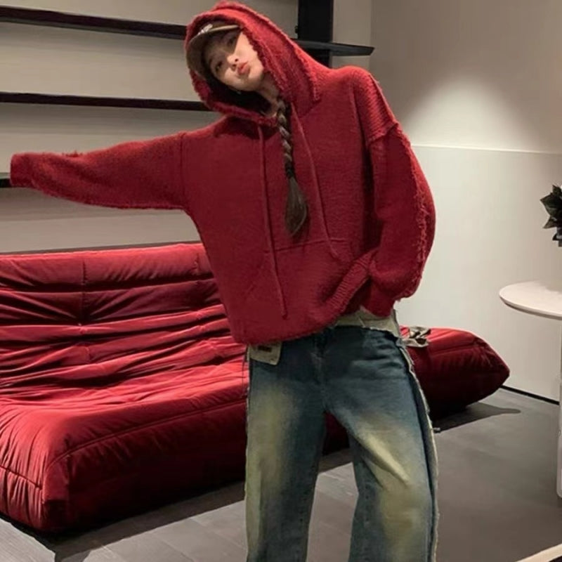 【tops】フード付き厚手ニットセーターG24446