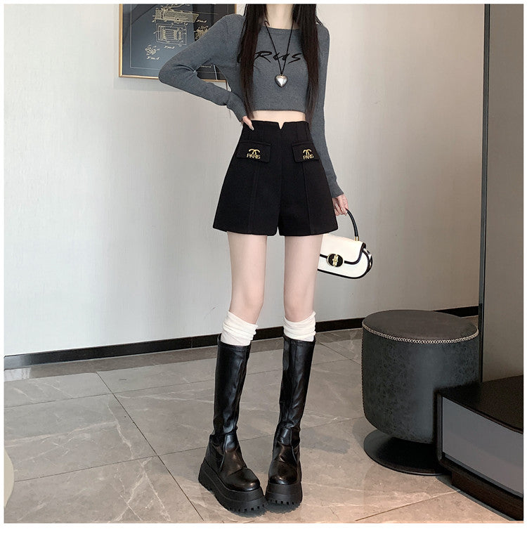 【bottoms】2色ラシャ生地AラインショートパンツG24502