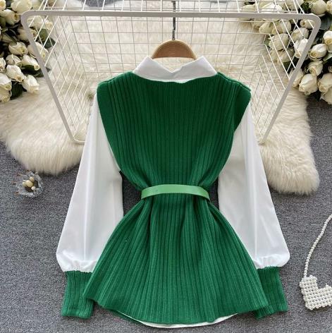 【set】ニットベスト+長袖ブラウス2点セットF8432