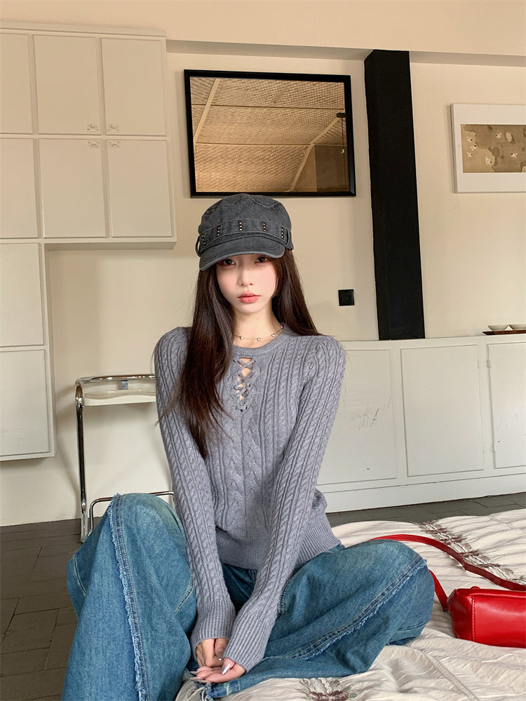 【tops】透かし彫り長袖ニットセーターG24515