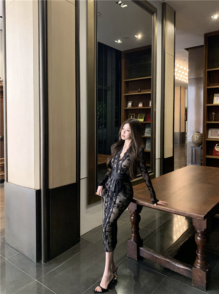 【dress】長袖レースタイトワンピースG24521