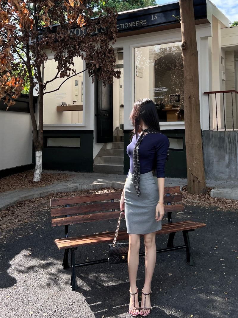 【tops】ラウンドネック長袖スカーフ付きTシャツG24533