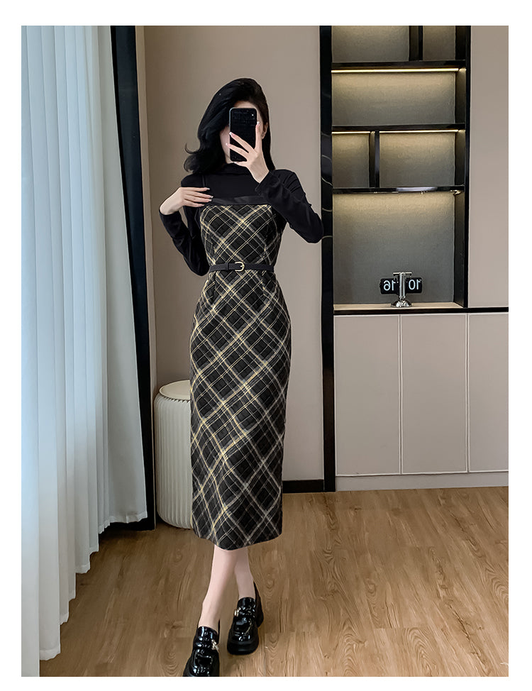 【set】トップス+チェック柄キャミワンピース2点セットG24560