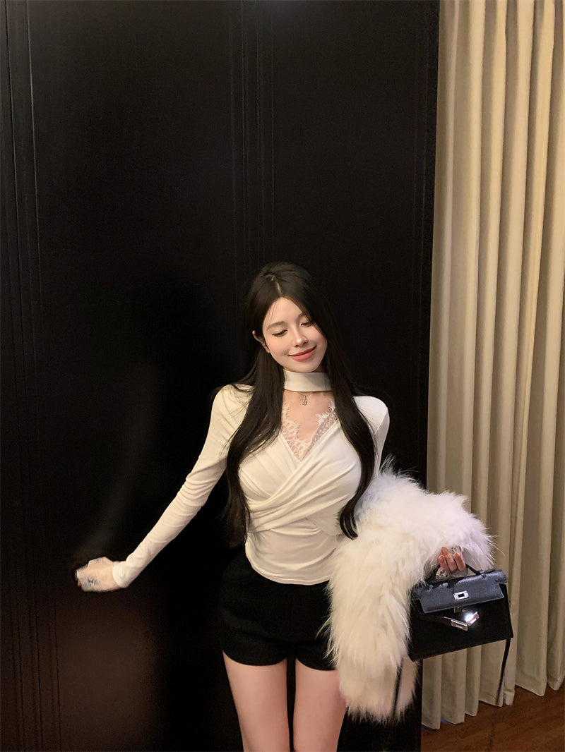 【tops】秋冬長袖レースVネックTシャツG24606