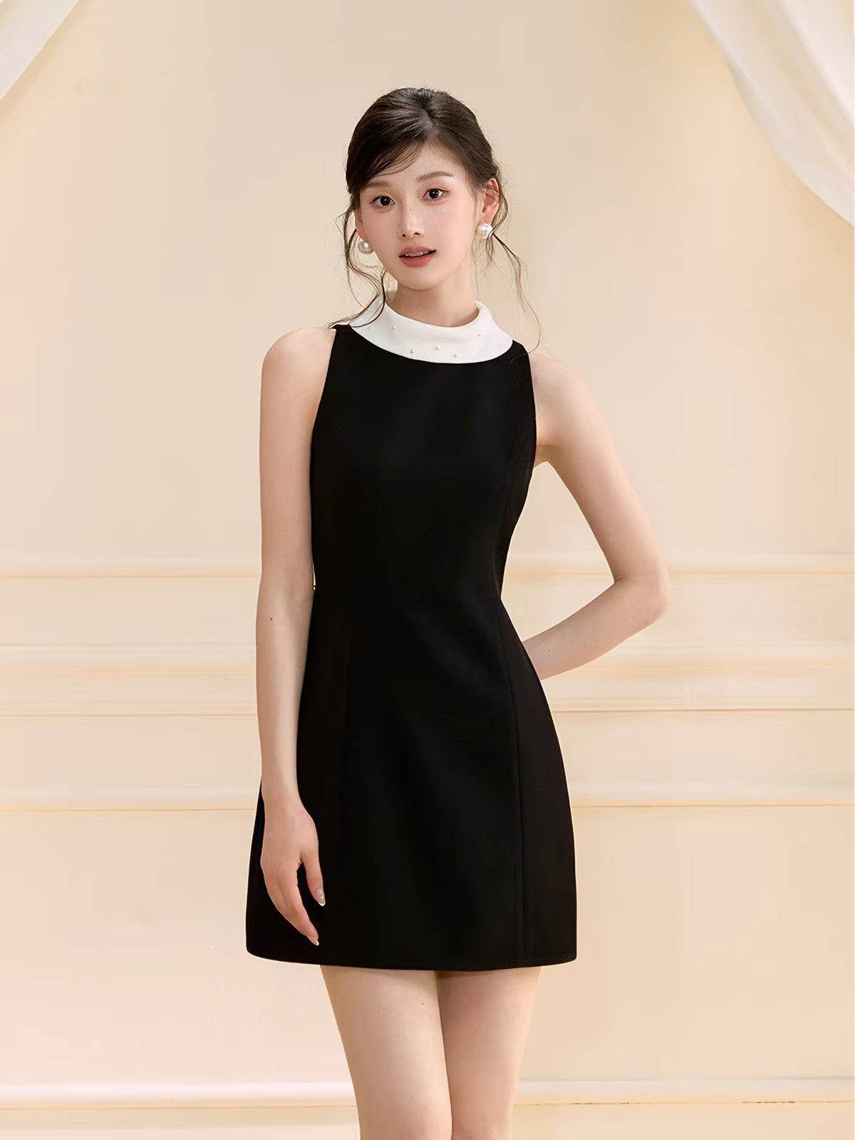【dress】パール付きロールカラーミニワンピース N3759