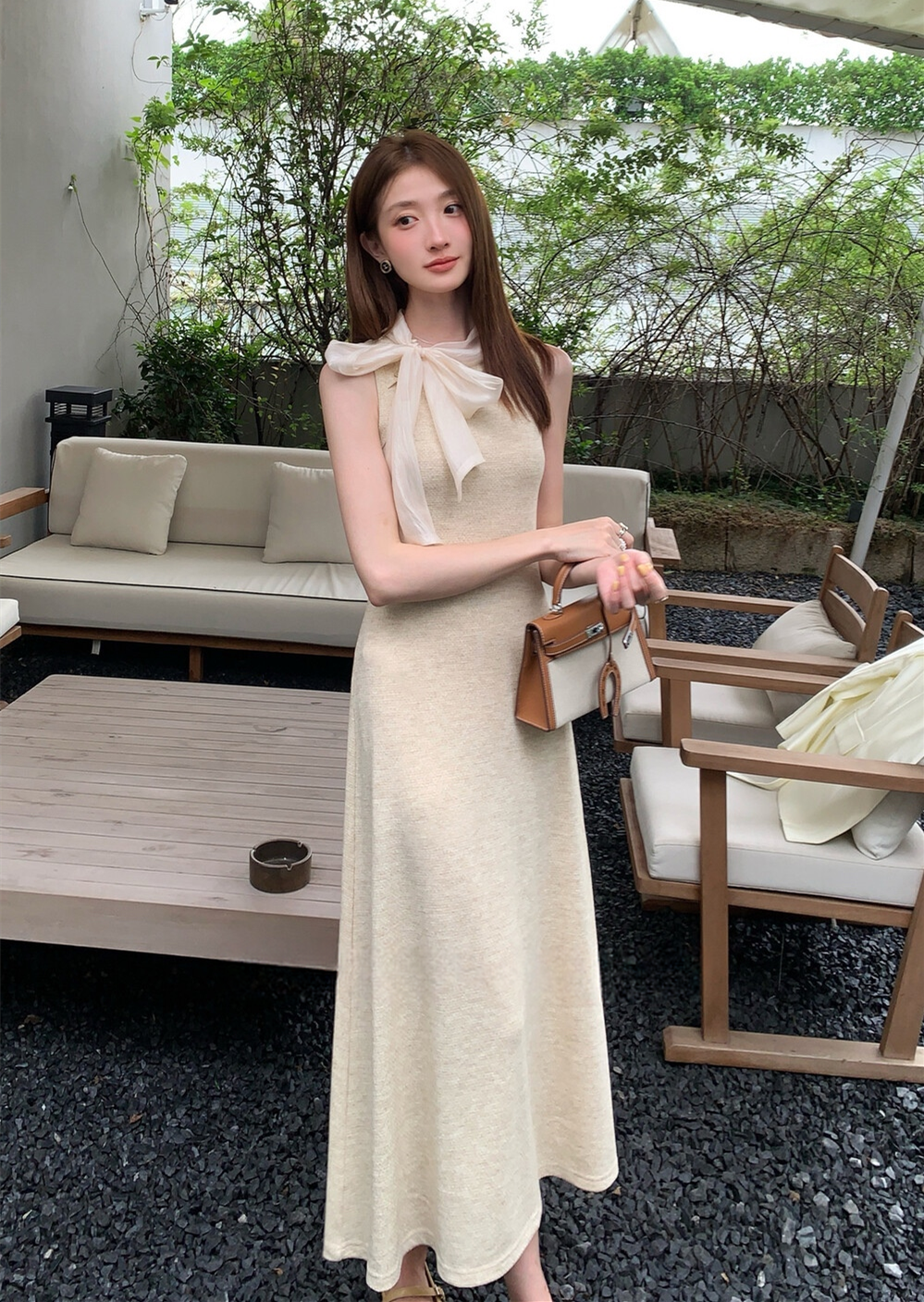【dress】ボウタイノースリーブロングワンピース N3776