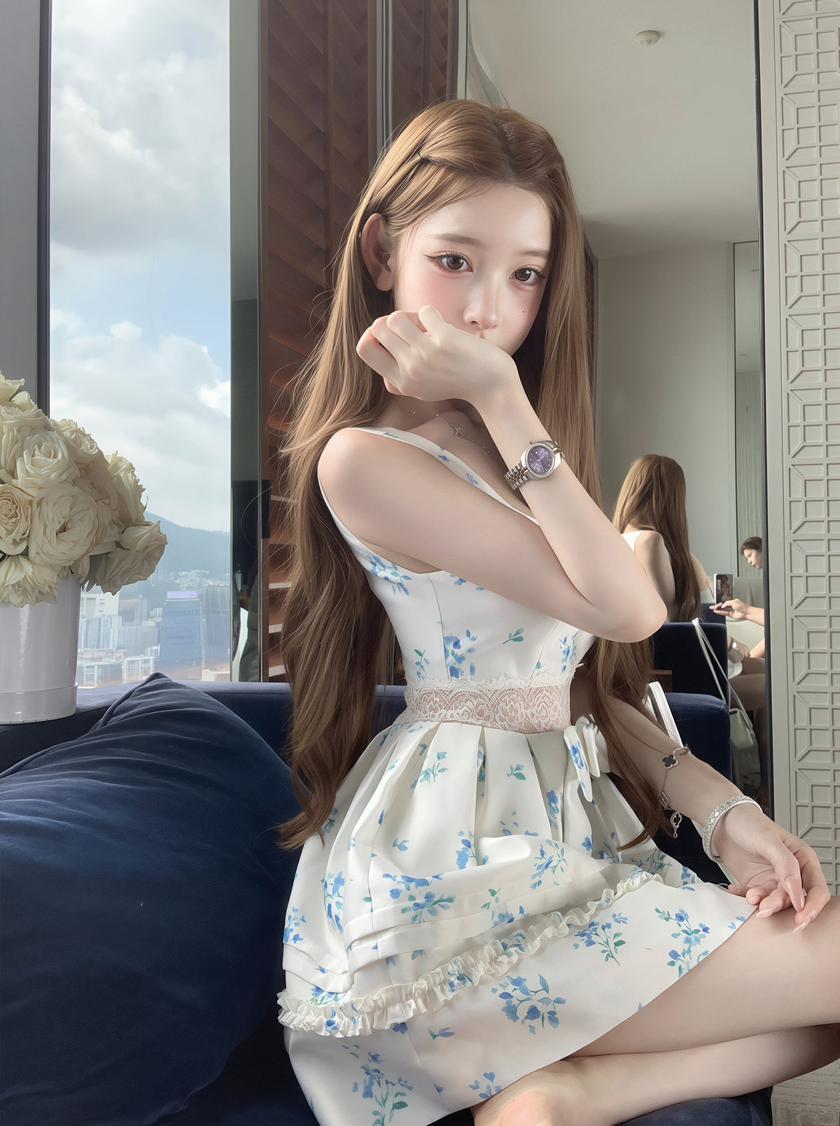 【dress】フラワー柄レースドッキングワンピース Q8757