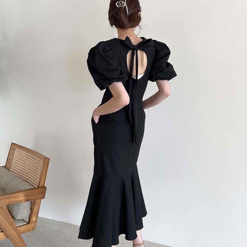 【dress】半袖パフ袖透かし彫りワンピースF7410