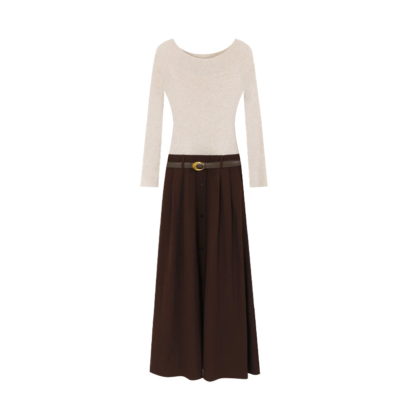 【dress】ベルト付きニットドッキングロングワンピース Q8926
