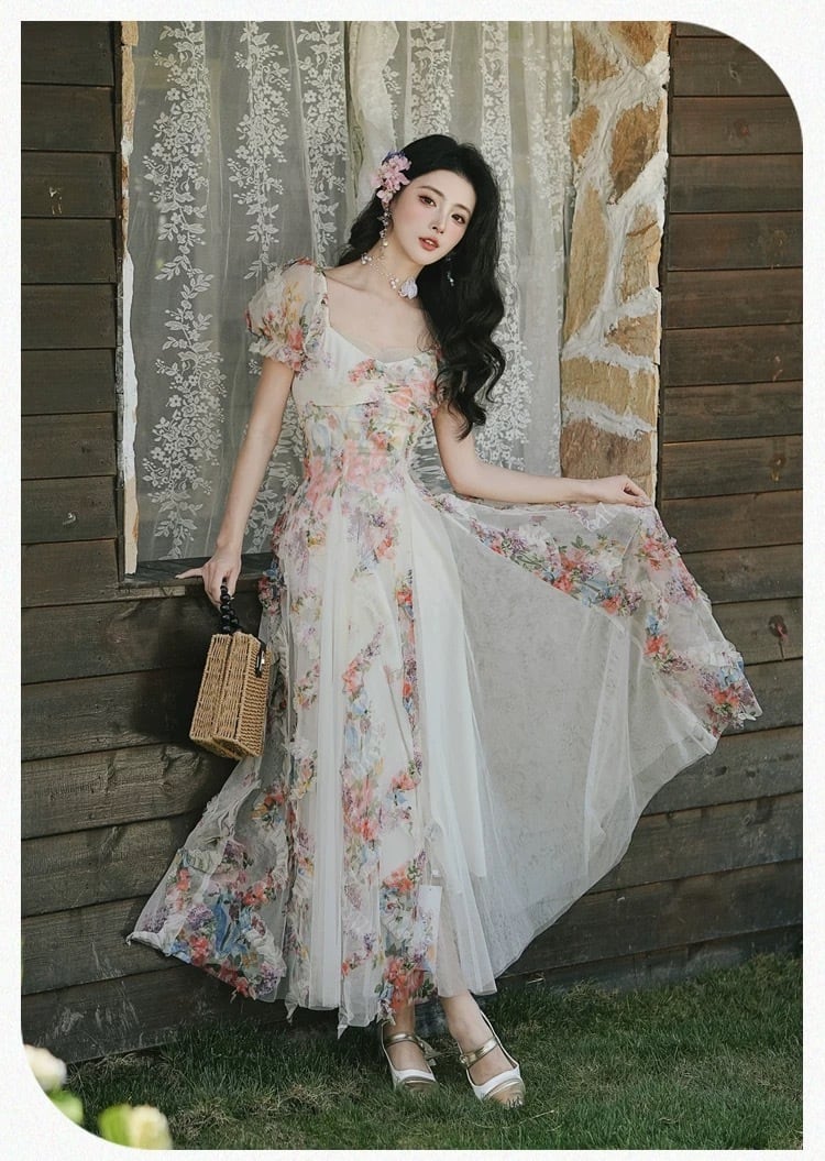 【dress】立体フラワーチュールドッキングロングワンピース K0556