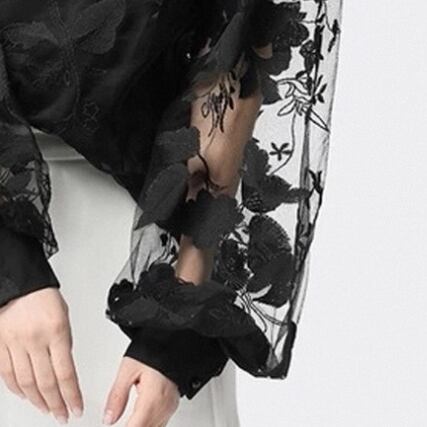 【tops】女性力を高める〜ラウンドネック半袖パフスリーブレースファッションブラウスF0082