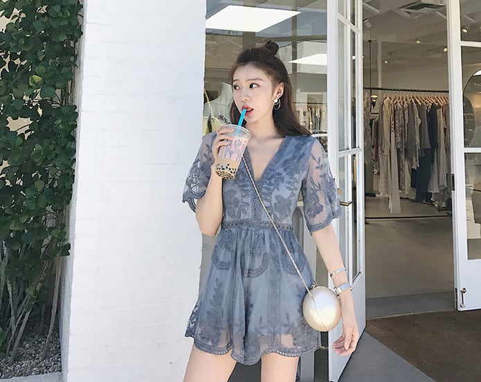 【set】Vネックレースハイウエストオールインワン G0345