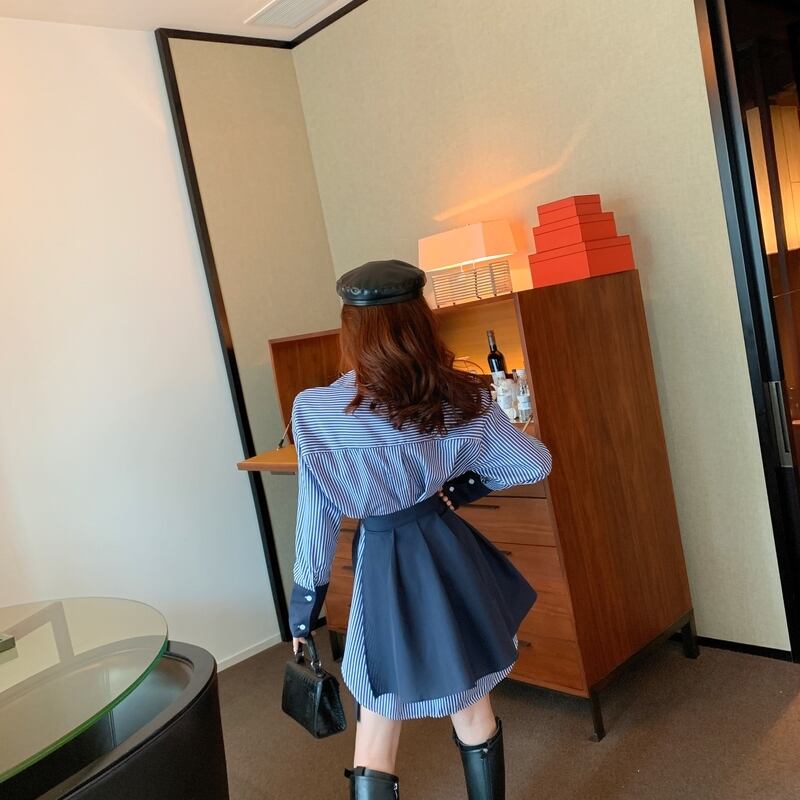 【set】ファッション気質満点個性派スカート+切り替えストライプ柄シャツワンピース2点セット G9207