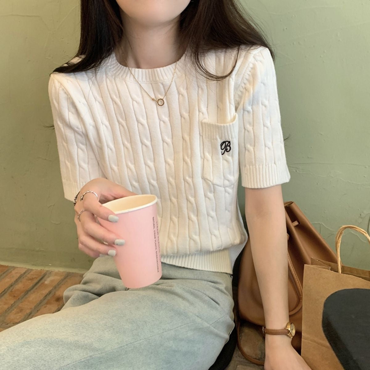 【tops】3色半袖ニットTシャツF7891