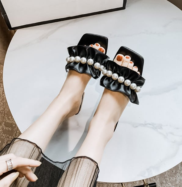 【shoes】美人度アップ3色スクエアトゥ履きやすい合わせやすいビーズ飾りスリッパサンダルF2754