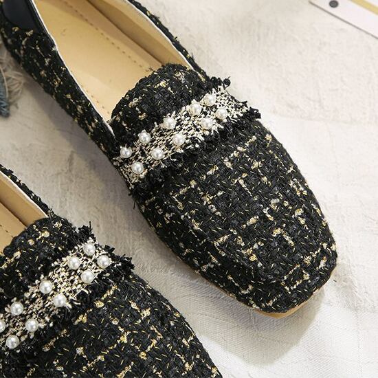 【shoes】今季大好評秋新作2色履きやすい美脚魅せチェック柄ビーズ飾りフラットシューズF0978