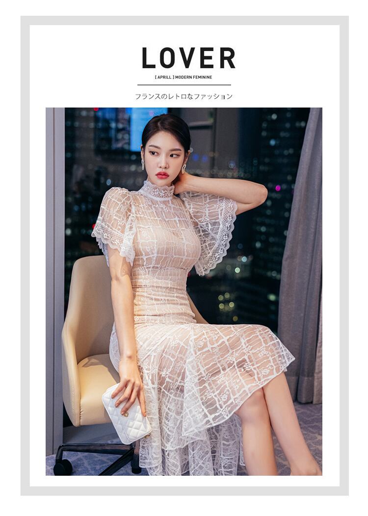 【dress】エレガント!気質満点スタンドネックレースマーメイドワンピース G6940