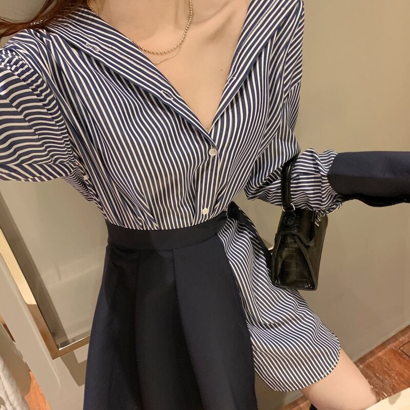 【set】ファッション気質満点個性派スカート+切り替えストライプ柄シャツワンピース2点セット G9207