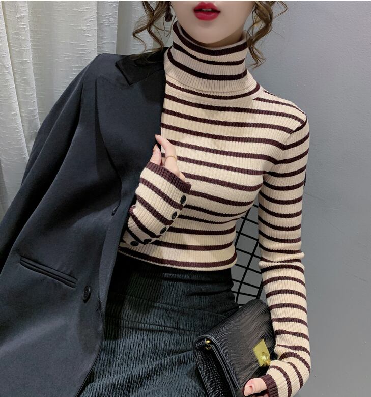 【tops】一目惚れ!4色ハイネック長袖体型カバーボーダー柄ファッションニットセーターF1046