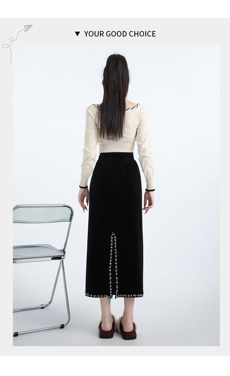 【bottoms】スリットビーズ裏起毛スカートG24428