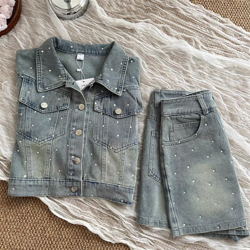 【set】半袖ジャケット+ショートパンツデニム2点セットF7909