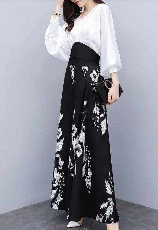【set】無地蝶々結びブラウス+花柄ガウチョパンツおしゃれセットアップ