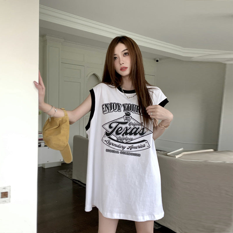 【tops】ラウンドネックノースリーブ英字柄TシャツF7879