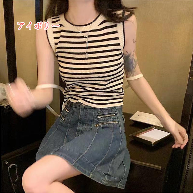 【tops】ボーダー柄ニットタンクトップF7586